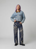 DAXUEN light blue denim jacket with brown collar — model photo