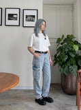 DAXUEN white contrasting letter embroidered crew neck T-shirt — model photo