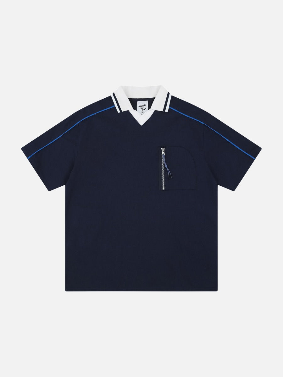 DAXUEN white and navy contrasting piped V-neck polo shirt