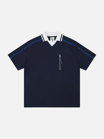 DAXUEN white and navy contrasting piped V-neck polo shirt