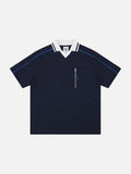 DAXUEN white and navy contrasting piped V-neck polo shirt