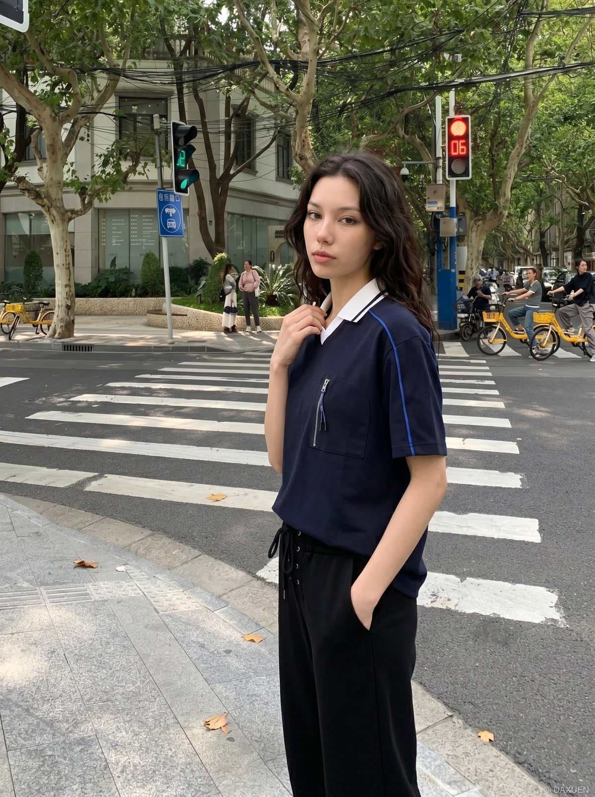 DAXUEN white and navy contrasting piped V-neck polo shirt — model photo