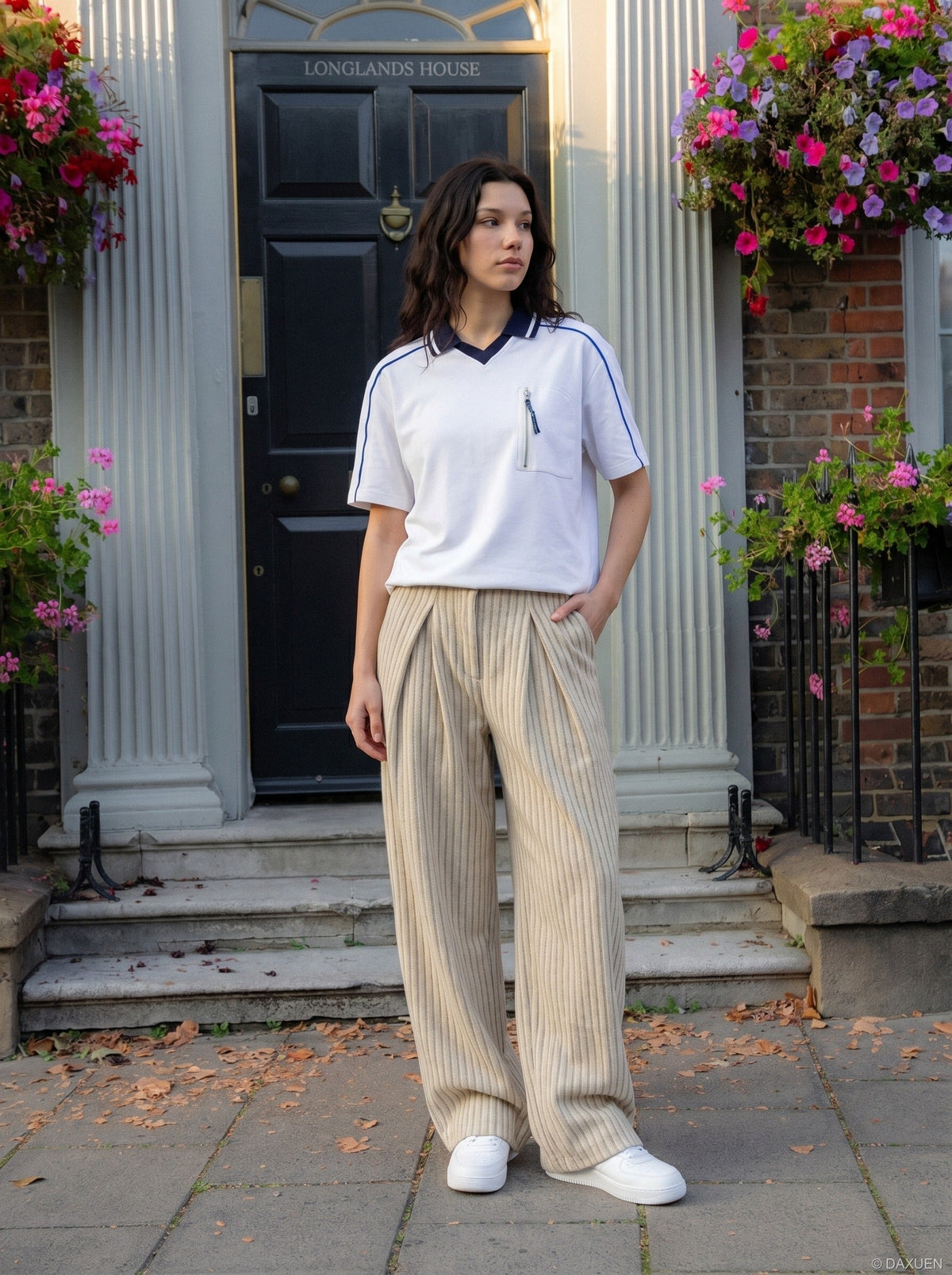 DAXUEN white and navy contrasting piped V-neck polo shirt — model photo