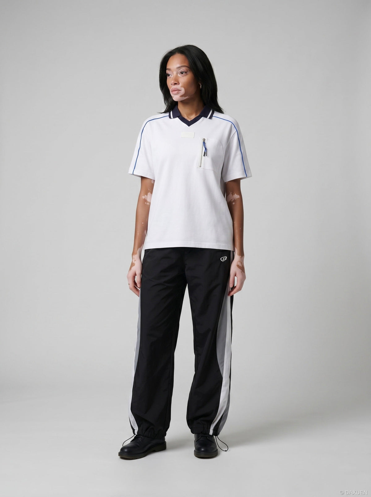 DAXUEN white and navy contrasting piped V-neck polo shirt — model photo
