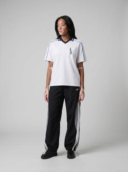 DAXUEN white and navy contrasting piped V-neck polo shirt — model photo