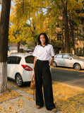 DAXUEN white and navy contrasting piped V-neck polo shirt — model photo