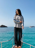 DAXUEN light grey long-sleeve top with contrasting stripes — model photo