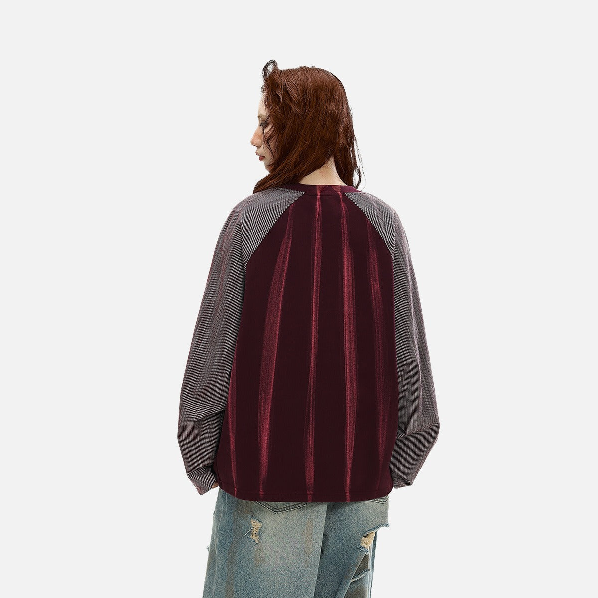 DAXUEN solid colour contrasting textured sleeve long-sleeve top