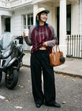 DAXUEN solid colour contrasting textured sleeve long-sleeve top — model photo