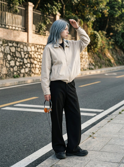 DAXUEN navy bomber jacket with convertible collar — model photo