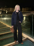 DAXUEN navy bomber jacket with convertible collar — model photo
