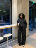 DAXUEN Black convertible wide-leg cargo pants — model photo