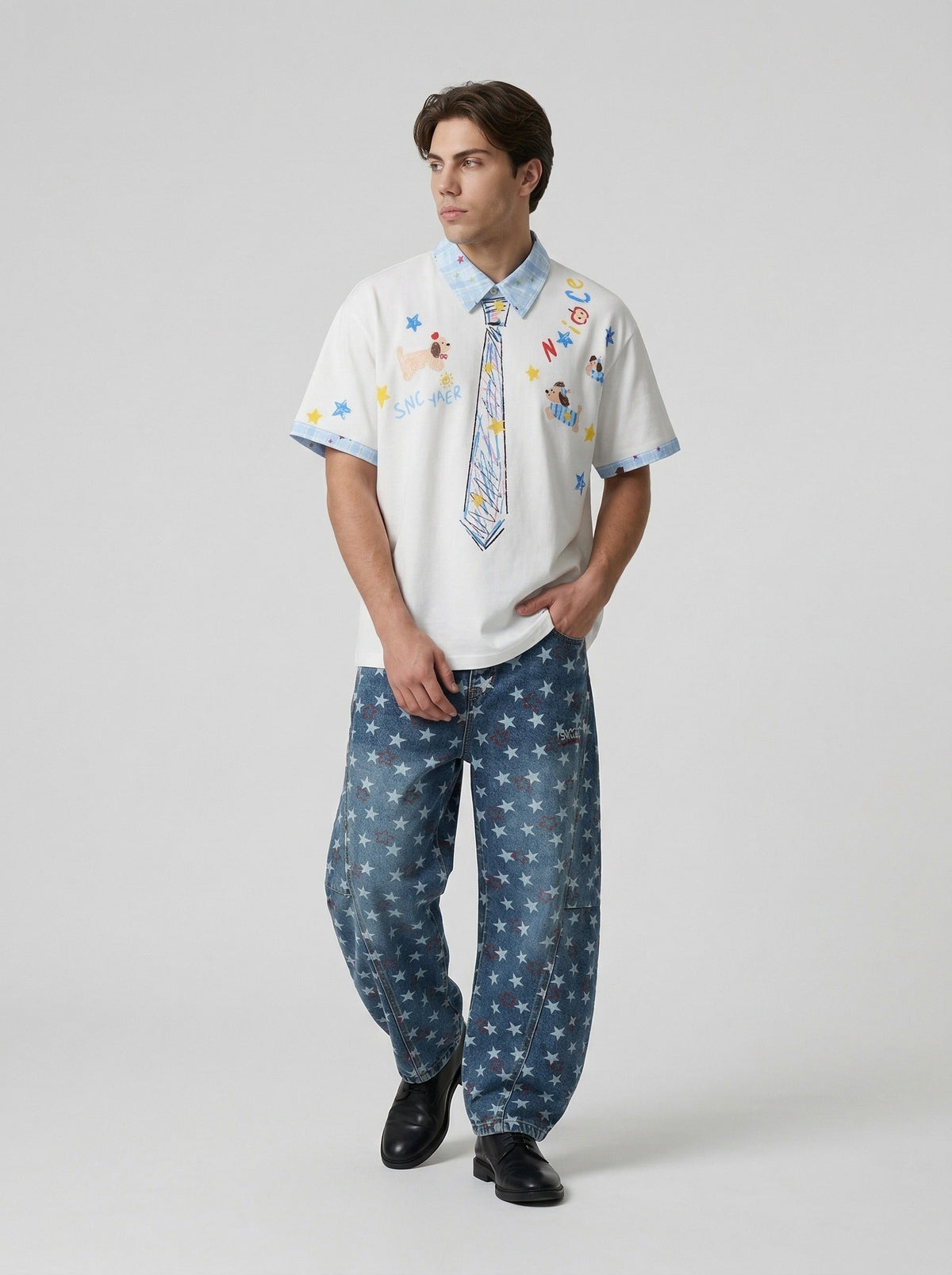 DAXUEN Crayon print short-sleeved collared shirt — model photo