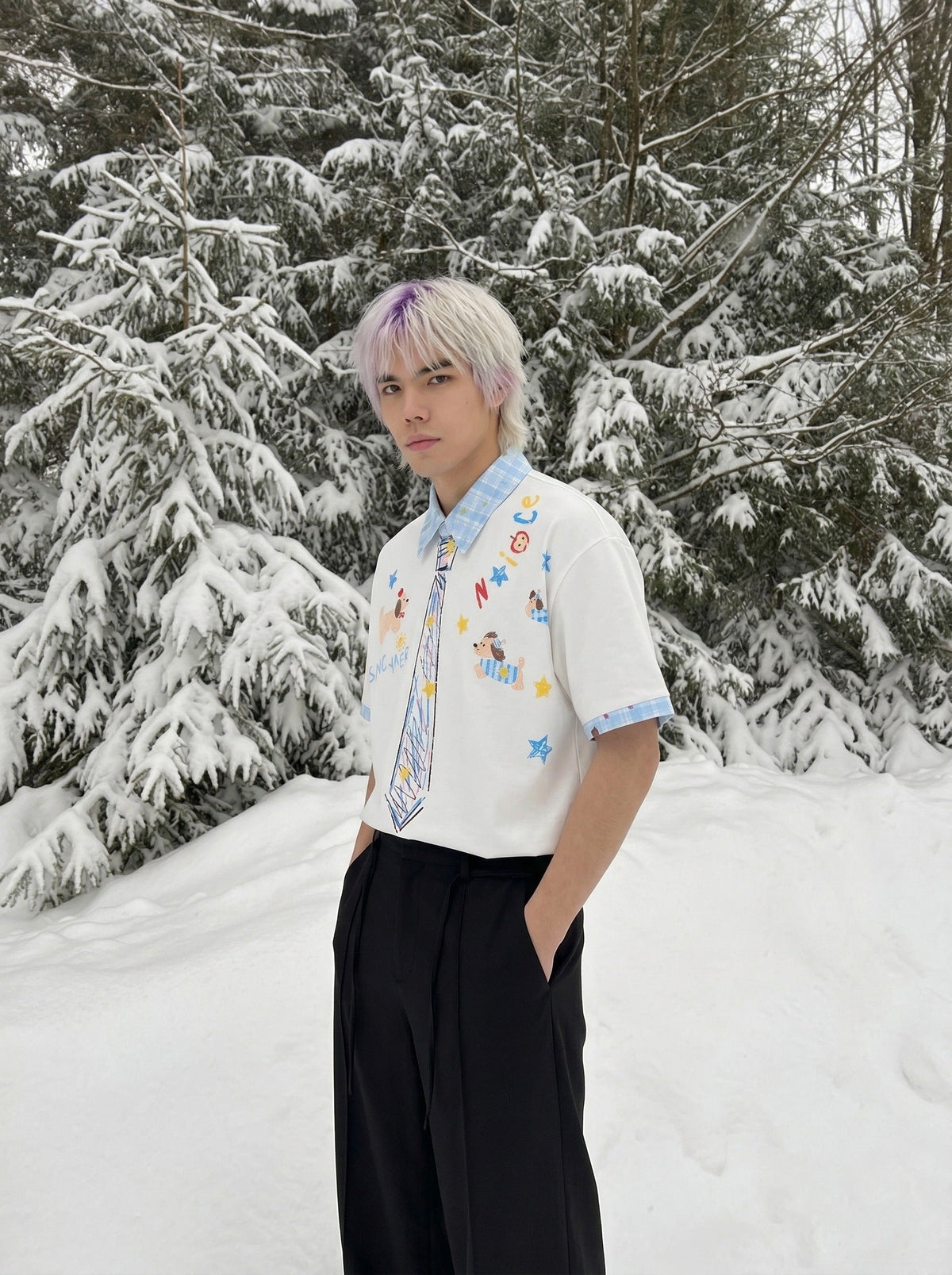 DAXUEN Crayon print short-sleeved collared shirt — model photo