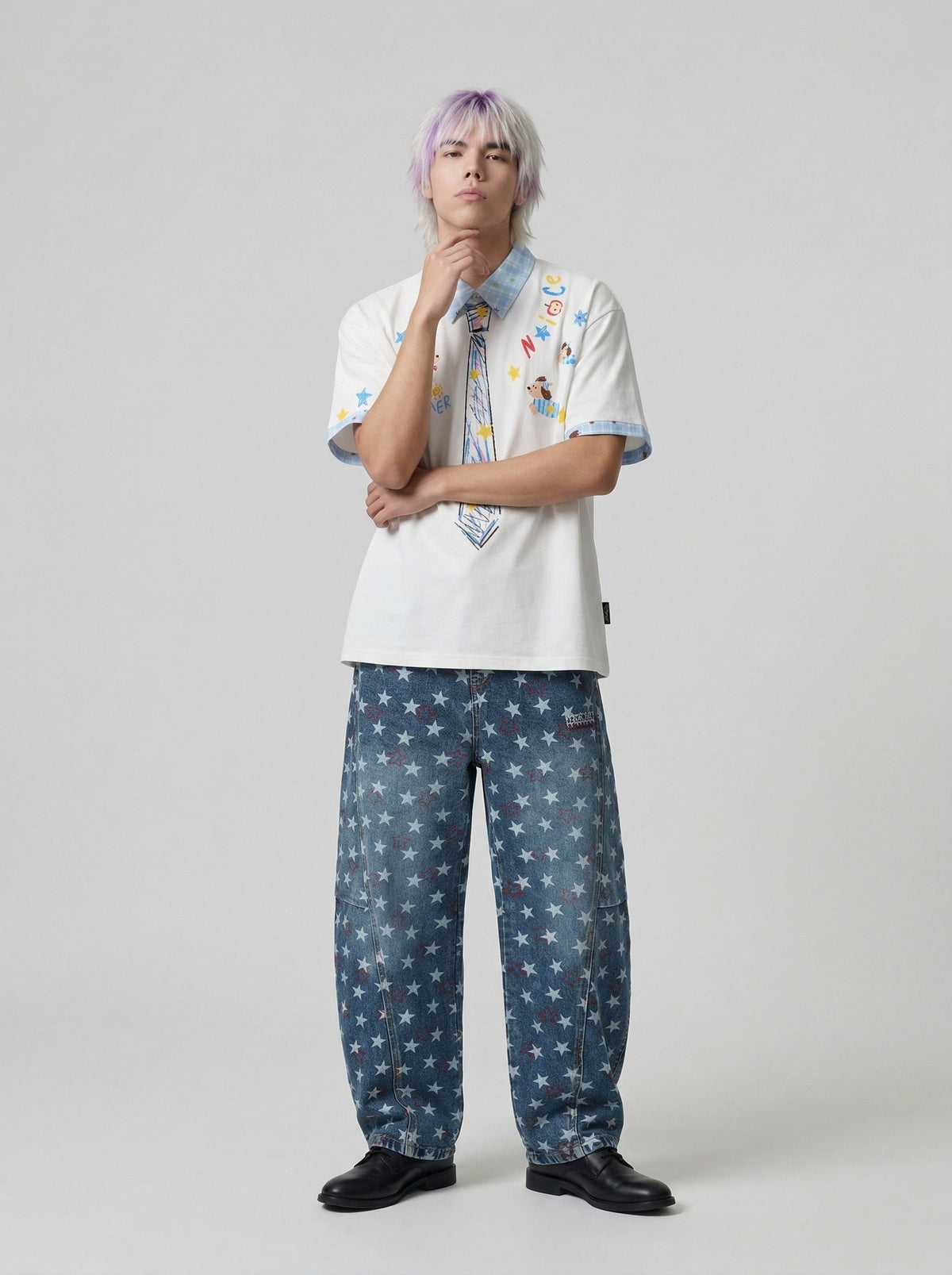 DAXUEN Crayon print short-sleeved collared shirt — model photo