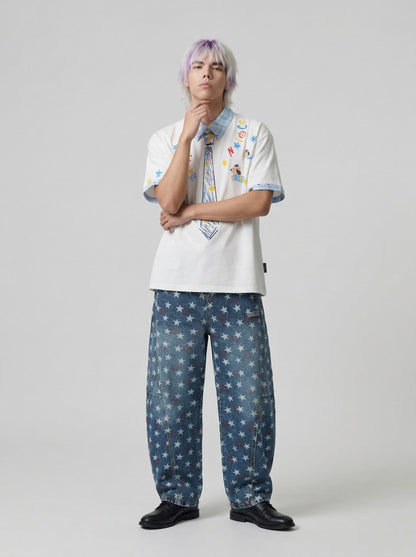 DAXUEN Crayon print short-sleeved collared shirt — model photo