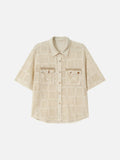 DAXUEN Cream crochet button-down shirt with short sleeves