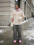 DAXUEN cream open-knit geometric short-sleeved shirt — model photo