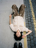 DAXUEN cream open-knit geometric short-sleeved shirt — model photo