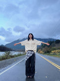 DAXUEN cream open-knit geometric short-sleeved shirt — model photo
