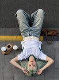 DAXUEN light blue distressed wide-leg denim jeans with cream ribbed waistband — model photo