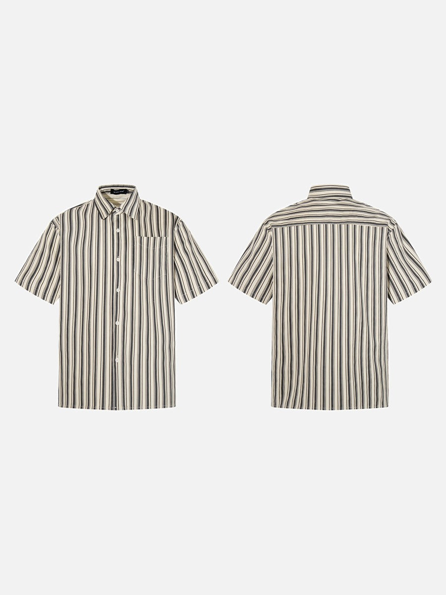DAXUEN Cream vertical stripe short-sleeved button-up shirt