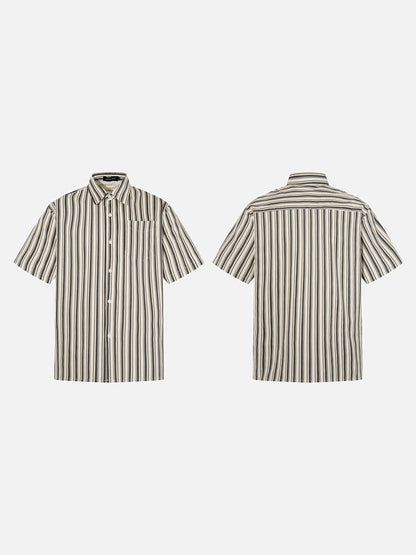 DAXUEN Cream vertical stripe short-sleeved button-up shirt