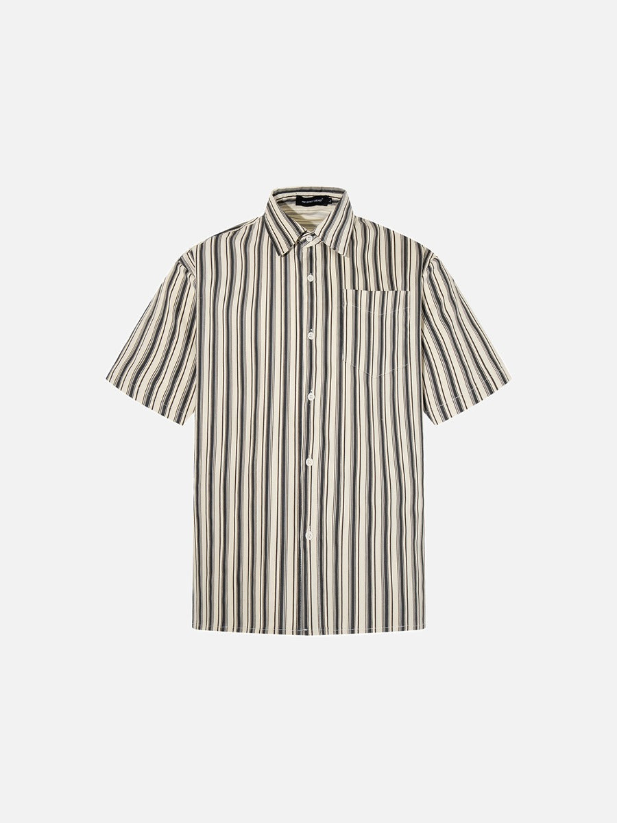 DAXUEN Cream vertical stripe short-sleeved button-up shirt