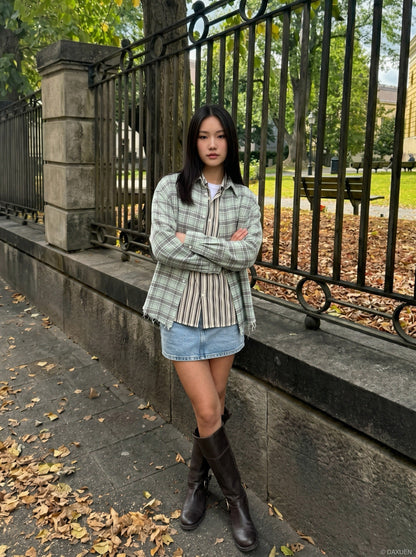DAXUEN Cream vertical stripe short-sleeved button-up shirt — model photo