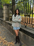 DAXUEN Cream vertical stripe short-sleeved button-up shirt — model photo