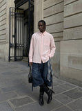DAXUEN Crinkled long-sleeved button-up shirt — model photo