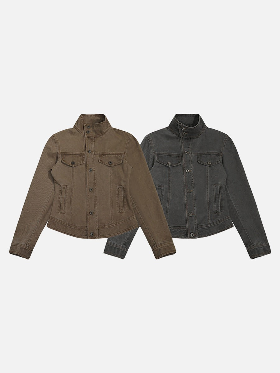 DAXUEN Cropped denim-style jacket in brown and grey