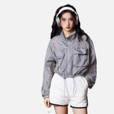 DAXUEN grey cropped windbreaker jacket with flap pockets