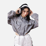 DAXUEN grey cropped windbreaker jacket with flap pockets