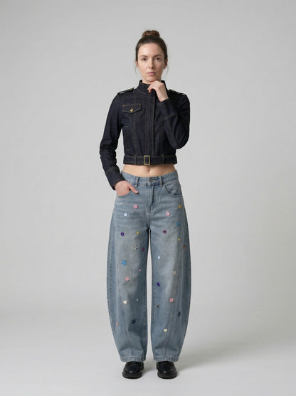 DAXUEN Cropped indigo denim jacket with gold-toned details — model photo