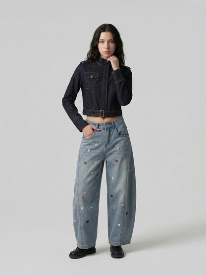 DAXUEN Cropped indigo denim jacket with gold-toned details — model photo