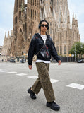DAXUEN khaki cropped leopard print cargo pants — model photo