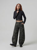 DAXUEN Cropped military denim jacket with gold stitching — model photo