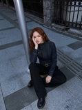 DAXUEN Cropped military denim jacket with gold stitching — model photo