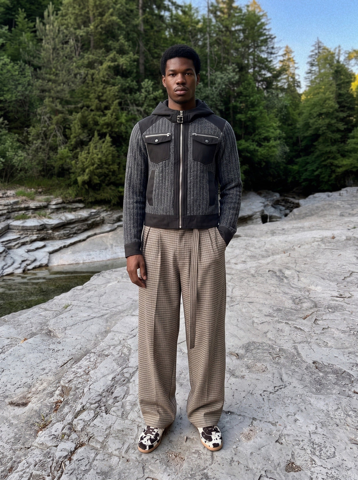 DAXUEN olive green and beige cropped hooded jacket — model photo
