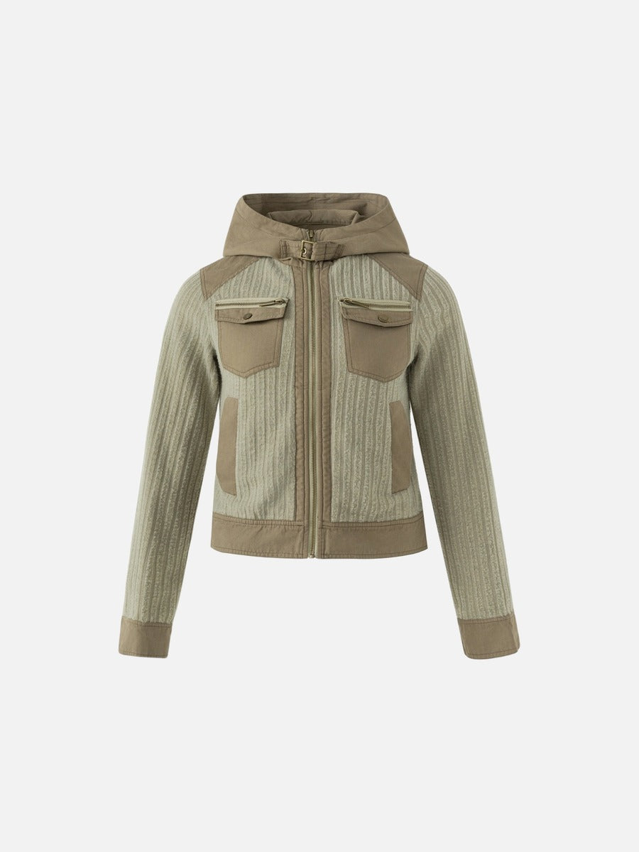 Cropped Olive Green and Beige Hooded Jacket