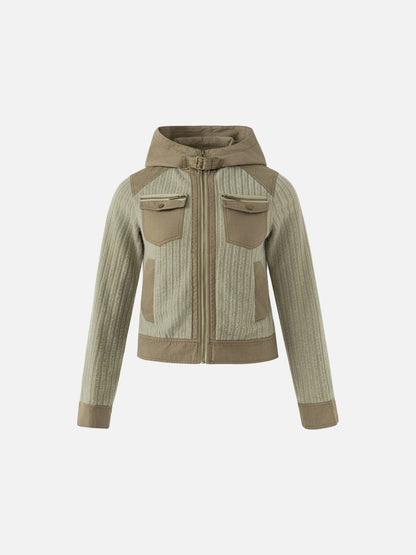 Cropped Olive Green and Beige Hooded Jacket