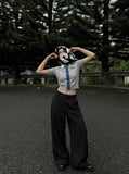 DAXUEN Cropped polka dot knit top with collar — model photo