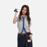 DAXUEN Cropped polka dot knit top with collar
