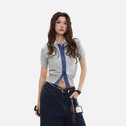 DAXUEN Cropped polka dot knit top with collar