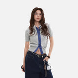 DAXUEN Cropped polka dot knit top with collar