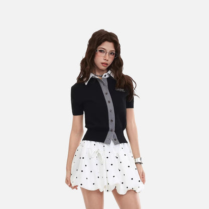 DAXUEN Cropped polka dot knit top with collar