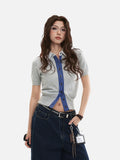 DAXUEN Cropped polka dot knit top with collar