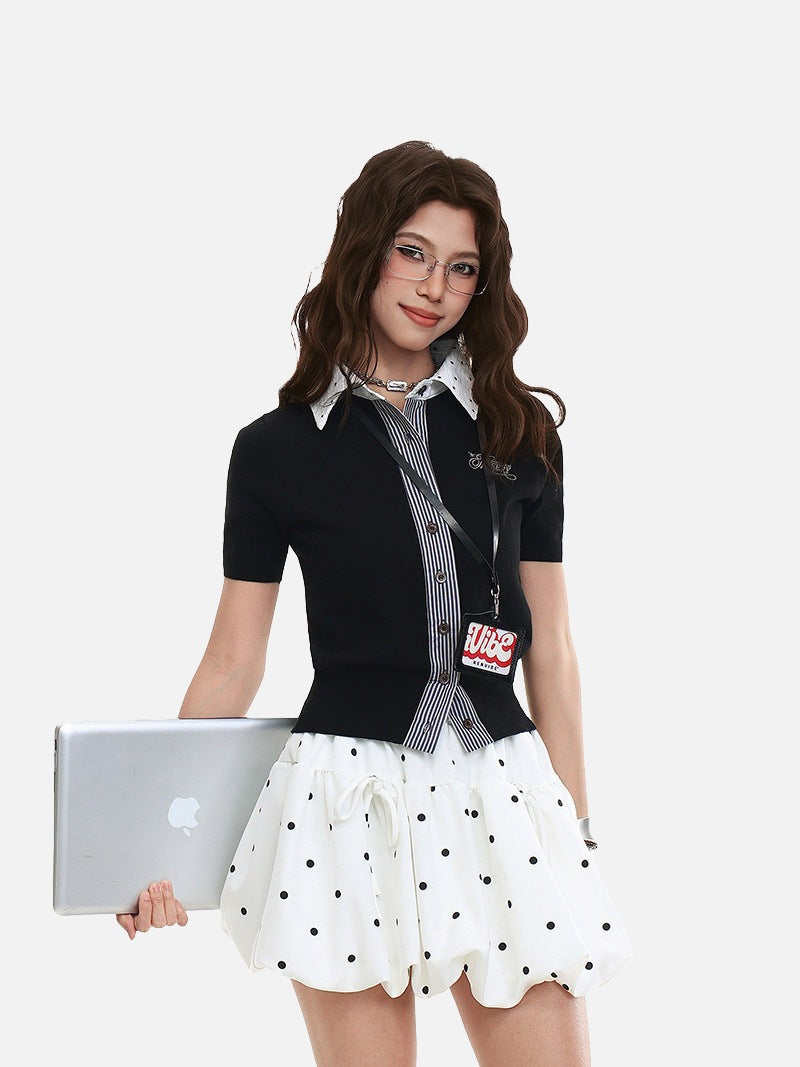 DAXUEN Cropped polka dot knit top with collar