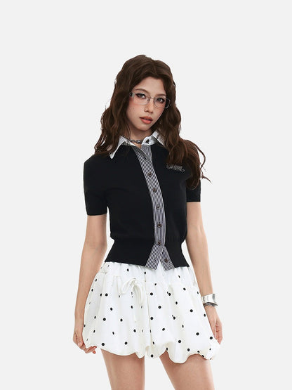 DAXUEN Cropped polka dot knit top with collar